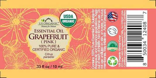US Organic Grapefruit Pink Essential Oil, USDA Certified Organic, Cold Pressed, 100% Pure, for Face, Hair, Skin, Aromatherapy, and More (10 ml)