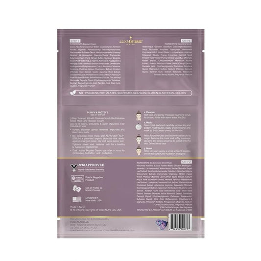 LuxaDerme Purify & Protect 3 Step Tune-Up Kit - Cleansing Scrub, Bio Cellulose Sheet Mask, Booster Cream (Pack of 2)