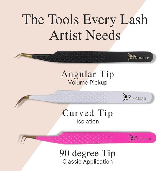 Eyelash Extension Tweezers – Precision Lash Isolation & Volume Tweezers | Stainless Steel, Anti-Static, Curved Tip for Professional Eyelash Extensions, Set of 3 (Pink)