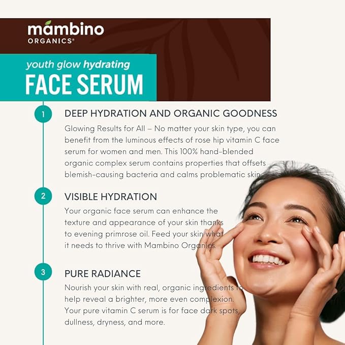 Mambino Organics Youth Glow Hydrating Serum – Organic, Face Serum with Namibian Marula – Nourishing Omegas & Vitamin C for Dryness, Dark Spots, Dullness – Cruelty-Free Skin Care, 3-Pack 1 fl oz