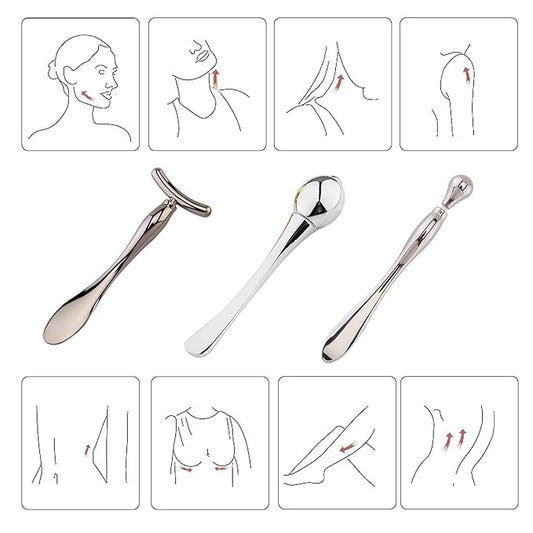 BetterJonny 3Pcs Metal Eye Cream Applicator Roller Wand Stick, Cosmetics Spoon Eye Cream Massager Wand Girls Women Facial Massager for Fatigue Relief Reduce Puffiness (Silver)