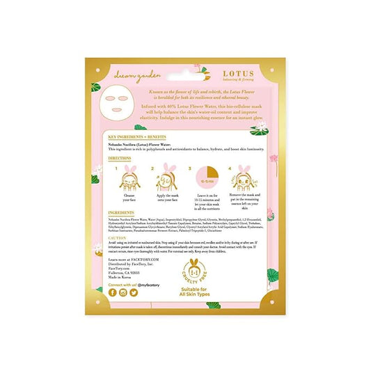 FACETORY Dream Garden Lotus Mask (Pack of 10)- Biocellulose Material, Balancing, Nourishing, Toning
