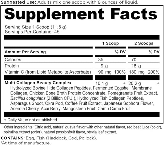 Ancient Nutrition Collagen Powder Protein, Multi Collagen Protein Beauty Within, Guava Passionfruit, with Vitamin C, Hydrolyzed Collagen Peptides Supports Healthy Skin and Nails, 18.3oz