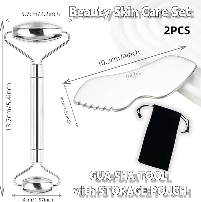 Face Roller & Gua Sha Tool, Stainless Steel Facial Roller and Guasha Tools Skin Care Roller for Wrinkles and Lifting, Improve Puffiness, Metal Face Massager for Eyes, Neck Tighten(2 Pack