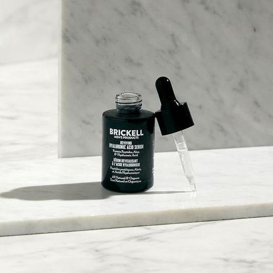 Brickell Men's Anti Aging Hyaluronic Acid Serum for Face, Reviving Day Serum for Men, Natural and Organic with Protein Peptides to Restore Firmness and Collagen, 1 Ounce, Scented