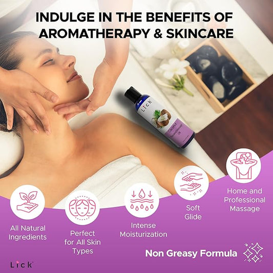 Coconut Flavored Massage Oil for Couples – Edible Massaging Lotion with Vitamin E, Sweet Almond and Coconut Oil is Non Sticky and Gentle on Skin – Natural, Relaxing and Vegan (4 oz)