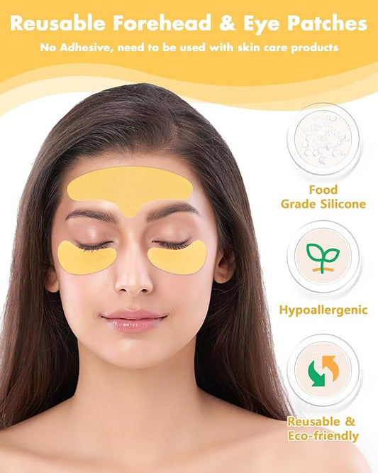 Silicone Forehead Wrinkle Patch - Non-Glue Reusable Forehead Wrinkle Patch and Eye Patches Set, Silicone Patches for Wrinkles, For Use with Face Cream or Lotion, Metal Eye Massage Stick&Tin Case, Gold