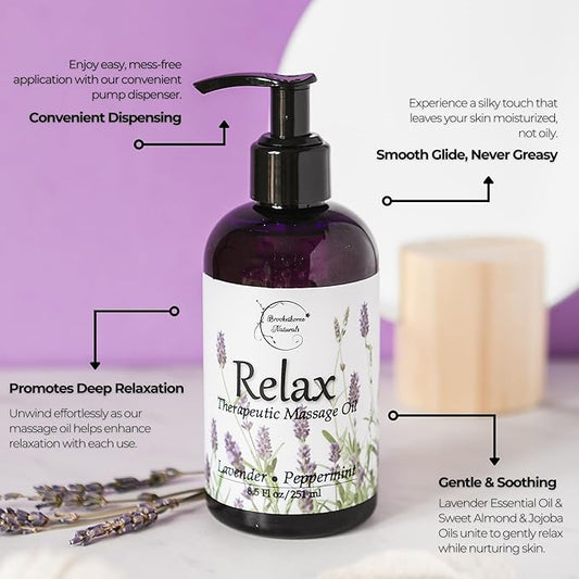 Relax Therapeutic Body Massage Oil - with Best Essential Oils for Sore Muscles & Stiffness – Lavender, Peppermint & Marjoram - All Natural - with Sweet Almond, Grapeseed & Jojoba Oil 8oz