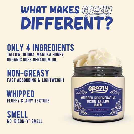 Whipped Bison Tallow Balm w/Manuka Honey, Jojoba, Rose Geranium Oil - Grass-Fed & Finished Organic Tallow Face Moisturizer - Face & Body Cream for Acne-Prone Skin - Nourishing Skincare (2.5oz)