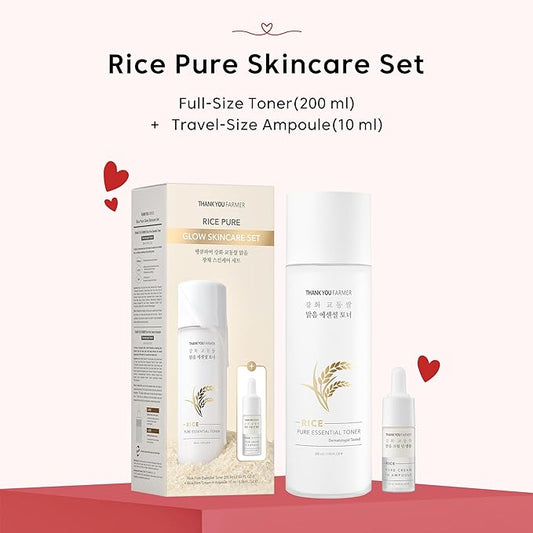 THANKYOU FARMER Rice Pure Skincare Set, Full Size Toner(7.03 fl oz) + Mini Size Ampoule(0.35 fl oz) Korean Skincare Set, Glass Skin Korean Skincare