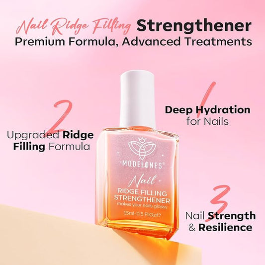 modelones Nail Strengthener, Ridge Filler for Nails, Clear Nail Polish for Thin, Weak & Damaged Nails, Nail Hardener for Nail Protection, Pink Glow, 15ml
