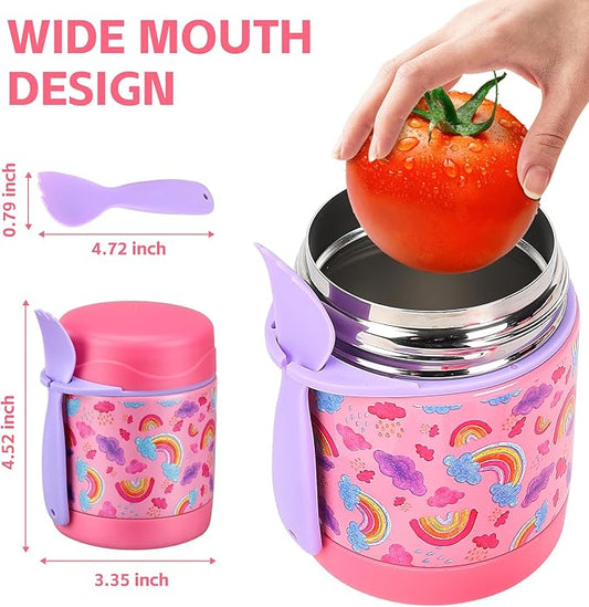 10oz Soup Thermo for Hot Food Kids Insulated Food Jar,Thermo Hot Food Lunch Container, Width Mouth Stainless Steel Lunch Box for Kids with Spoon (Pink-rainbow)