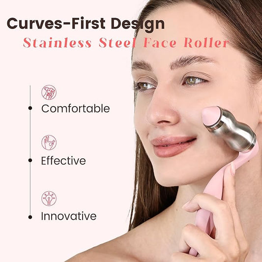 Rena Chris Stainless Steel Face Roller - Metal Facial Massager Tool with Enhanced Contour Fit for Puffiness Reducing, Skin Care Roller Gift for Women (Silver)