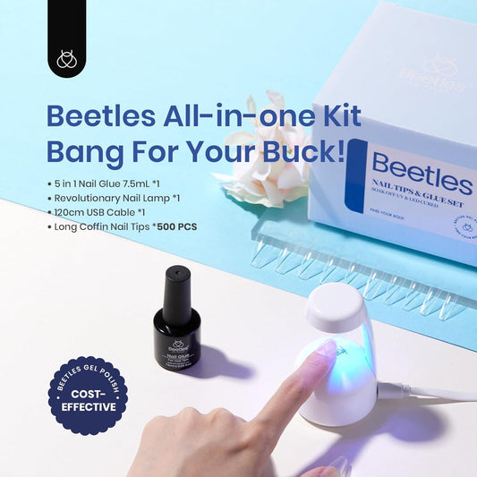 Beetles Gel Nail Kit Easy Nail Extension Set with 500Pcs Nail Tips Coffin Shape 5 In 1 Nail Glue Base Gel and Innovative Led Lamp Easy Diy Nails Art Home Gelly Tips