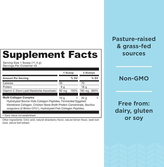 Ancient Nutrition Hydrolyzed Collagen Peptides Powder with Probiotics, Strawberry Lemonade Multi Collagen Protein for Women and Men with Vitamin C, 45 Servings, Supports Skin and Nails, Gut Health, 18