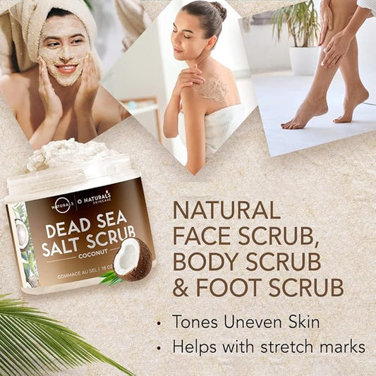O Naturals Exfoliating Coconut Oil Dead Sea Salt Deep-Cleansing Face & Body Scrub. Anti-Cellulite Tones Helps Oily Skin, Acne, Ingrown Hairs & Dead Skin Remover. Essential Oils, Sweet Almond 18oz
