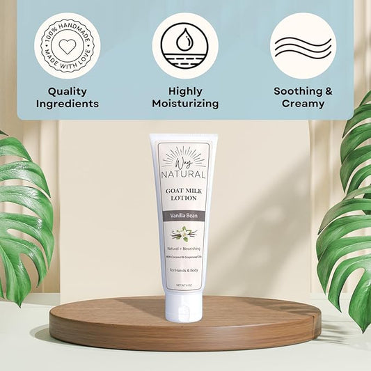 Goat Milk Lotion, Vanilla Bean - Home & Away Set, Natural, Body/Hand - Goat Milk Hand Cream for Women and Men - Dry Skin Relief - Vanilla Lotion - 8oz & 2oz Travel Size Tube