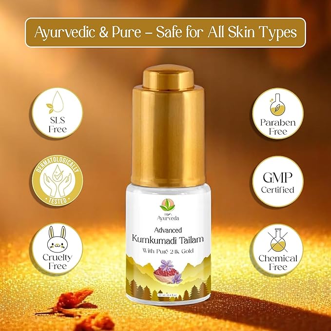 Kumkumadi Tailam 24K Gold Tailam | Organic Face Oil With 24K Pure Gold Flakes | Ayurvedic Face Oil for Healthy Skin, Dark Spots & Hydration | For Men & Women | 12ML (pack of 1)