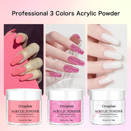 Super Acrylic Powder 28g: 3Pcs Large Capacity Pink Carnation Glitter White Nail Polymer for 3D Art Carving French Extension - 1oz. Pink Lemonade Professional Acrylic Powder No Need Lamp