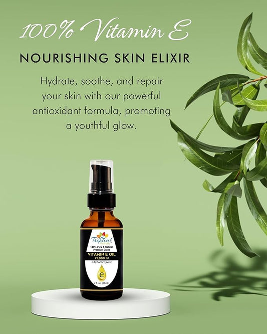 Vitamin E Oil, 100% Pure Max Strength 75,000 IU Vitamin E, Antioxidant Rich Skincare Oil for Face, Hair, Body & Nails, 2 oz