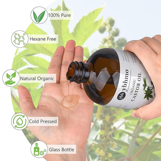 Cold Pressed Castor Oil Organic Glass Bottle(16 Fl Oz),100% Pure &Hexane Free, Castor Oil for Hair Growth & Care, Thicker Eyelashes & Eyebrows,Castor oil pack & Moisturize Body Skin