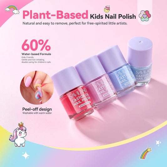 SAVILAND Glamkids Kids Nail Polish Quick-Dry:Non-Toxic Nail Polish Set 12 Colors Water Based Peel-Off Toddler Fingernail Polish Natural Safe Castor Oil Nail Lacquer Kit with Sticker for Girl Ages 5-12