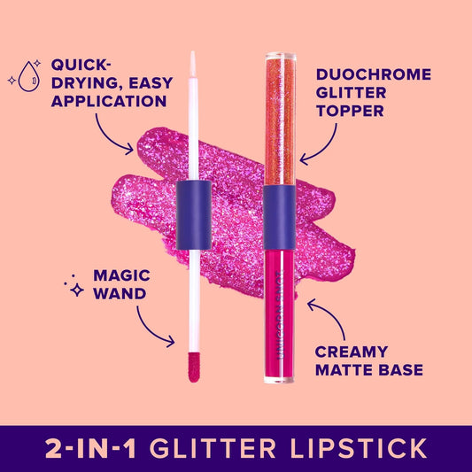 UNICORN SNOT Quiet Riot™ Plastic-Free Glitter Lip Duo | 2-in-1 Set w/Matte Lipstick & Sparkly Glitter Lip Gloss | Halloween Costume Makeup | 0.15oz Pink Lipstick & 0.16oz Gloss (Fusion)