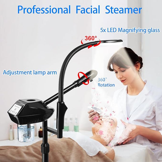 Professional Facial Steamer on Wheels, 2-in-1 Facial Steamers with 5X Magnifying Lamp, Ozone Facial Steamer for Facial Deep Cleaning, Facial Humidifier for Spa, Salon and at Home Use