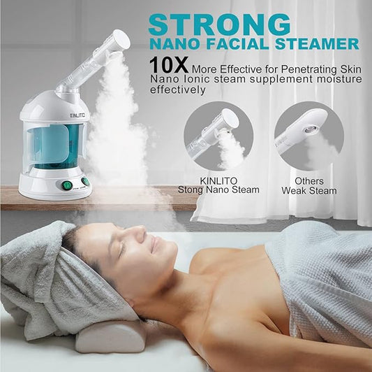 Facial Steamer - Ozone Steamer with 360° Rotatable Arm - 40 Min Steam Time - Humidifier - Unclogs Pores - Blackheads - Portable Facial Steamer for Personal Care Use at Home or Salon,White