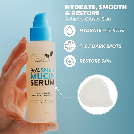 Eva Naturals Snail Mucin Serum For Face 4oz – Korean Skincare, Moisturizing & Rejuvenating Serum For All Skin Types