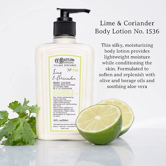 C.O. Bigelow Lime Coriander Body Lotion for Women and Men, Village Perfumer Lotion with Olive Oil, Borage Oil, and Aloe Vera Concentrate, 10 fl oz