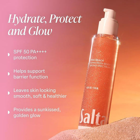Saltair SPF Body Oil - Broad Spectrum SPF 50 PA++++ Sunscreen. Lightweight Dry Oil with Sun Protection and Moisturizing Kukui & Mongongo Extracts. Pink Beach Scent, 4floz Vacation Essential
