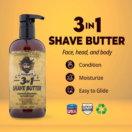 DeadeyeDick's 3-in-1 Shave Butter | Natural Shave Cream for Face, Head & Body | Gentle, Non-Irritating Formula for All Skin Types | 16 FL OZ