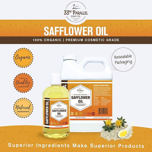 Organic Safflower Oil (16 oz) Premium Cold Pressed Unrefined | 100% Pure Safflower Oil for Skin, Face, Hair, Soap Making | Carrier for Essential Oils | Available in Bulk | 16 FL OZ
