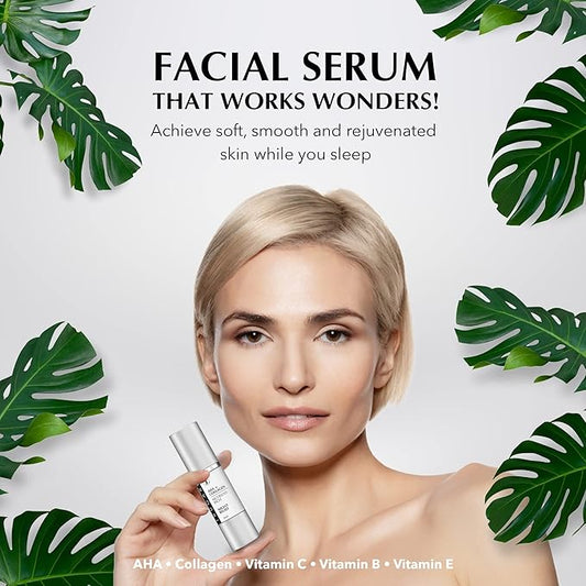 Facial Night Serum with AHA + Collagen, Night Serum for Face, Anti Aging Night Serum, Collagen Boost Anti Aging Serum, Nutrient-Rich Night Face Serum with Vitamins C, B, E, Collagen Skin Care