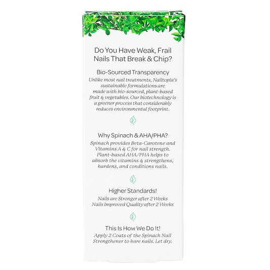 Nailtopia - Nail Strengthener - For Weak, Frail, Delicate Nails - Plant-Based, Non Toxic, Bio-Sourced, Nourishing & Hardening Superfood Treatment - Spinach Extract (Clear) - 0.41 oz