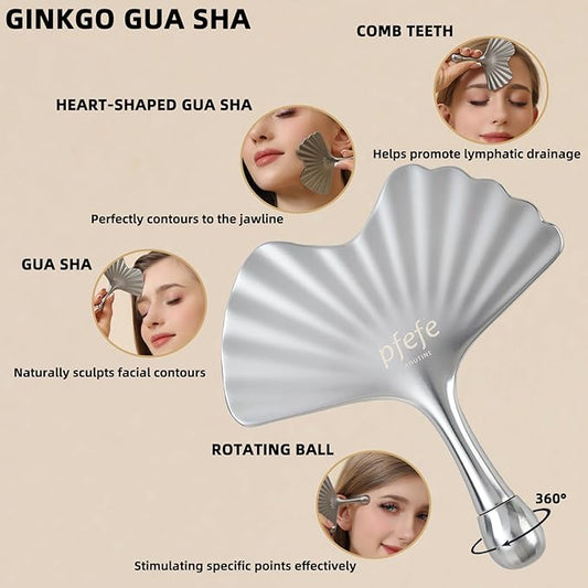 Stainless Steel Gua Sha & Face Roller, Ginkgo Gua Sha for Esthetician Supplies Women Gift, Skin Care Tool for Puffiness, Wrinkles, Dark Circles