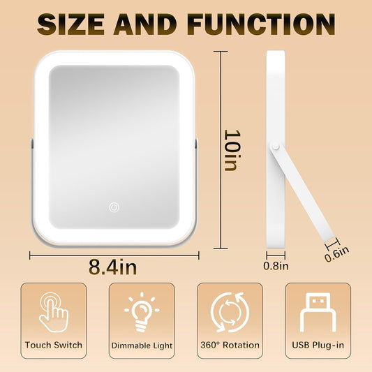 10"x8" Portable Lighted Makeup Mirror with 3-Color Dimmable LED, Touch Screen Vanity Mirror for Travel or Bedroom Desk (White)