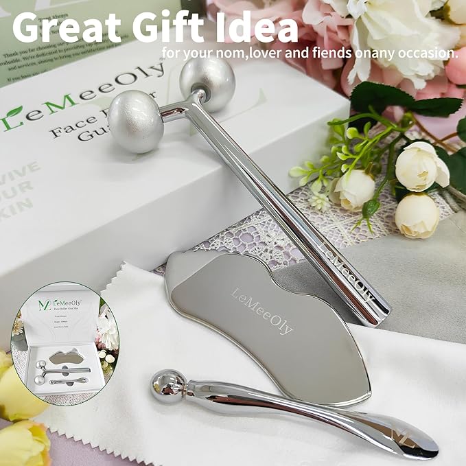 Face Roller Massager Skin & Gua Sha Facial Tools Stainless Steel, Facial Massage Skin Care for Face Neck Body, Reduce Puffiness Remove Wrinkles, Valentines Gift for Women