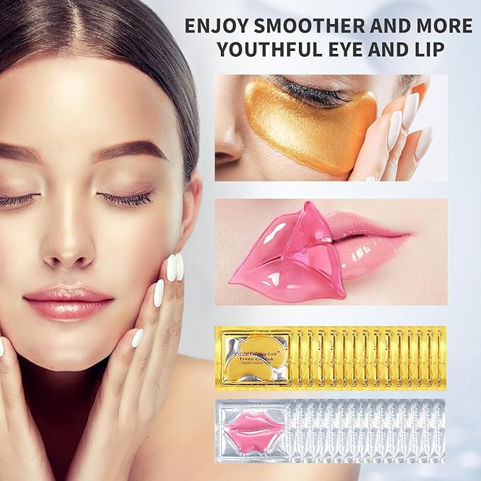 30 PCS Lip Mask Eye Mask Set Moisturizing Lip Mask for Dry Lips, 24K Gold Eye Patches for Puffy Eyes and Dark Circles