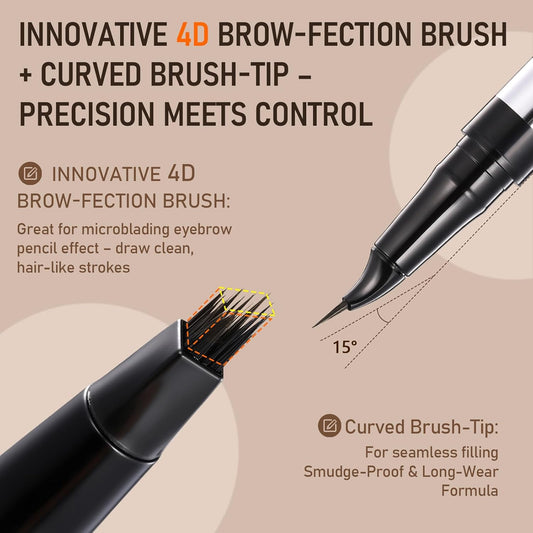 Dual-Ended Microblading Eyebrow Pencil for Women, 2 in 1 Liquid Eyebrow Pencil with Curved Tip and 4D Brow-Fection Microblading Pen, Shaped Fill HairLike Waterproof Lasting Eyebrows 05 Black