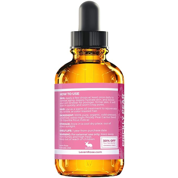 Leven Rose Prickly Pear Seed Oil (Barbary Fig) 100% Pure Organic Prickly Pear Oil, Extra Virgin, Cold Pressed, All Natural Face, Dry Skin & Body Moisturizer and Hair Treatment 1 oz
