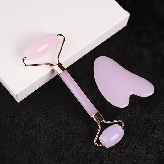 Female Facial gua Sha Jade Roller Tool Set Rose Quartz Crystal face Roller Massager Jade White Jade Massage The face, Eyes (C-Pink)