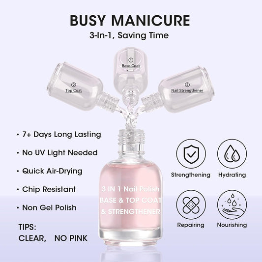 Gellen 3-In-1 Clear Nail Polish Base Top Coat & Strengthener, Sheer Nail Polish Hydrates Strengthens Nourishes Weak Damaged Dry Nails, Keratin & Vitamin E Formula, Hema Free, Non-toxic, Anti-yellowing