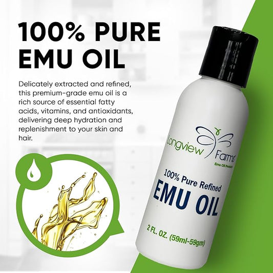 Longview Farms® Emu Oil - Hair and Body Oil - 100% Pure & Refined Emu Oil | Pure Emu Oil for Skin & Hair Care | Premium Quality Hydration & Nourishment | 4 Fl. Oz