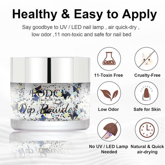 Nail Dip Powder Colors, Butterfly Glitter Silver - DIY Nail Art Starter Kit - No Lamp Needed - 1 oz