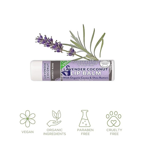 Vegan Lip Balm Set - Variety Pack of 3 Soothing Touch Lip Balms. Includes Bonus Muslin Pouch (3 x 4 in). Unique Gift Bundle from Tiny Seed (Lavender Coconut, Vanilla Chai, Vanilla Rose)