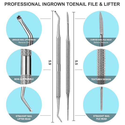FAMILIFE Ingrown Toenail File and Lifter, 2pcs Ingrown Toenail Tool Double Sided with Storage Case Professional Corrector 100% Stainless Steel Removal Pedicure Kit