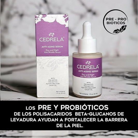 Cedrela Anti-aging Serum Day Night Anti-wrinkle prebiotics probiotics Naturak bakuchiol acai bio emulsion cacay oil plumps skin antioxidant vegan paraben-free 1 oz Suero antiedad probioticos
