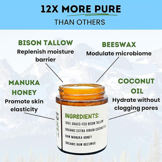 Unscented Manuka Honey & Bison Tallow Moisturizing Balm - 100% Grass-Fed & Finished Tallow Face Moisturizer for Acne-Prone Skin - Premium Face & Body Balm for Skin Nourishment - 3oz (2 Jars)